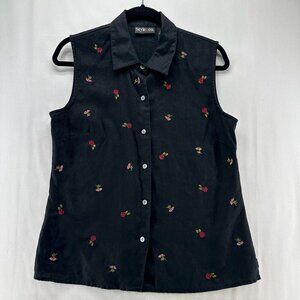 Style & Co Linen Blouse Womens 10 Button Up Sleeveless Embroidered Flowers Black